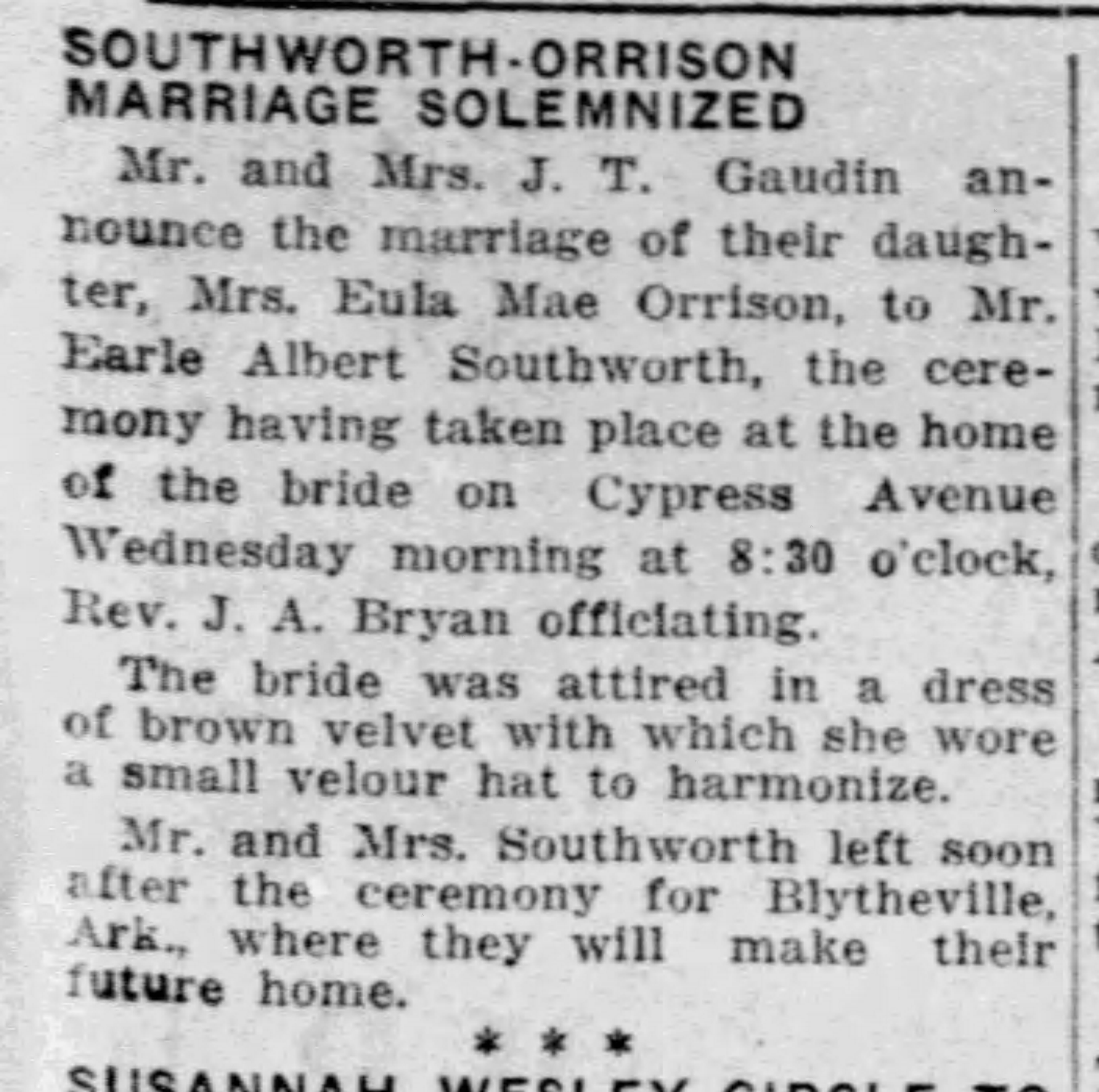 Southworth-Orrison Marriage Solemnized